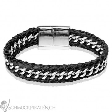 Herren Lederarmband mit Edelstahl in silber