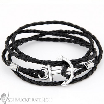 Lederarmband in schwarz mit Anker-Modeschmuck