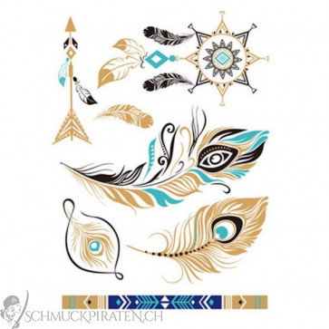 Metallic Tattoos verschiedene Federn in gold und blau