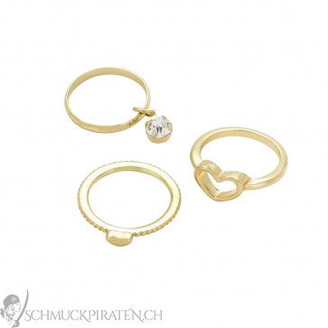 Midi Ring 3er Set in gold mit Herzen und Stein-Bild 1