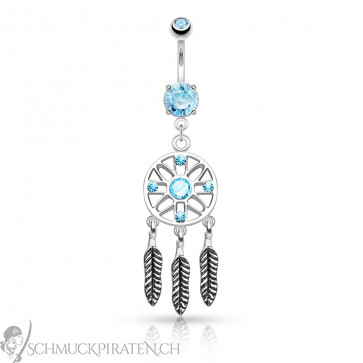 Dreamcatcher Bauchnabelpiercing in silber mit blauen Steinen