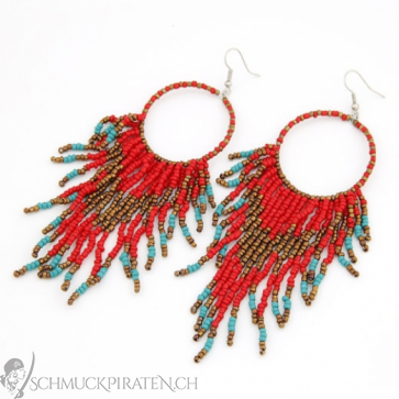 Ohrringe für Damen "Perlenkreis" im Bohostyle rot, bronzefarben & türkis