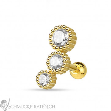 Ohrpiercing Tragus in gold mit drei Strass Steinen -Bild 1