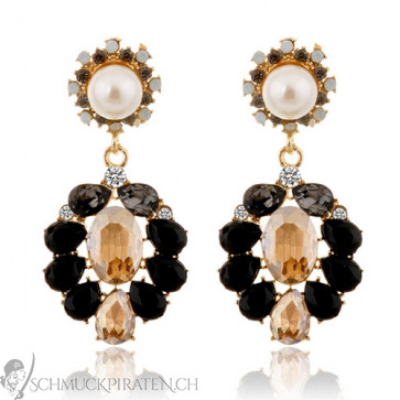 Damen Ohrringe in altgold mit schwarzen Steinen und weisser Perle