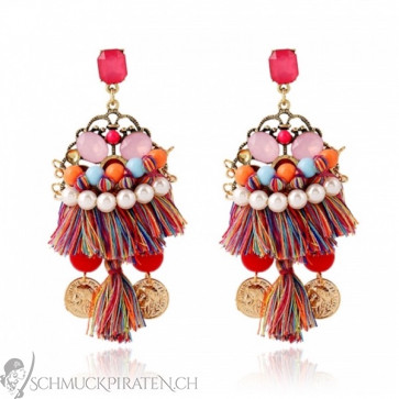 Ohrringe im Gipsy Style mit Tassel und Perlen in gold und pink