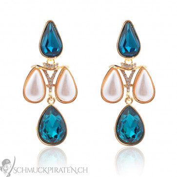 Elegante Damen Ohrringe mit Steinen in blau und weiss