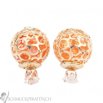 Damen Ohrringe Doppelperle in gold mit Strass in orange-Bild 1