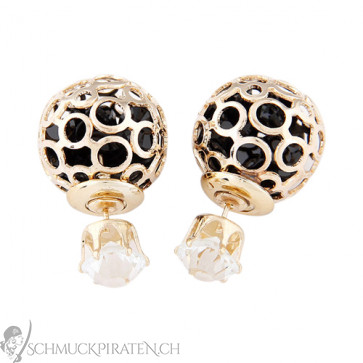 Damen Doppelperlen-zwei Perlen Stecker in gold und schwarz-Bild 1