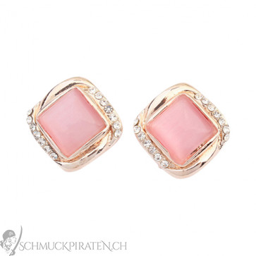 Damen Ohrringe rechteckig in gold mit rosa Stein und Strass-Bild 1