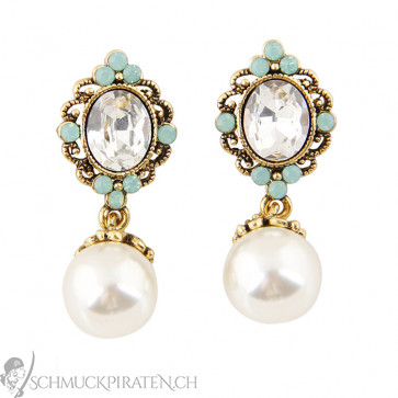 Ohrringe im Vintage Look mit Perle und Steinen in mint