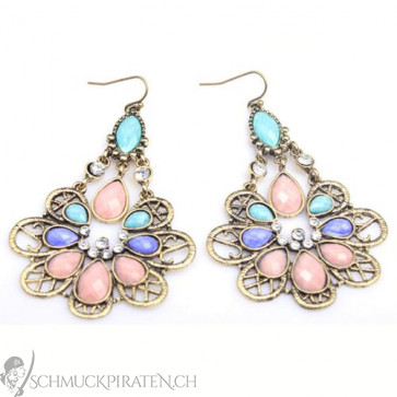 Damen Ohrhänger in altgold mit Steinen in rosa, blau und lila-Bild 1