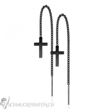 Filigrane Edelstahl Damenohrringe "Cross" schwarz mit Kreuzanhänger-Bild1