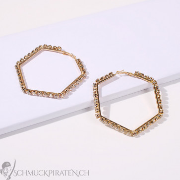 Damen Hexagon Hoop Ohrringe goldfarben mit Kristallen-Bild1