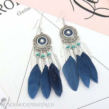 Ohrringe für Damen im Boho Dreamcatcher Look silber mit blauen Federn