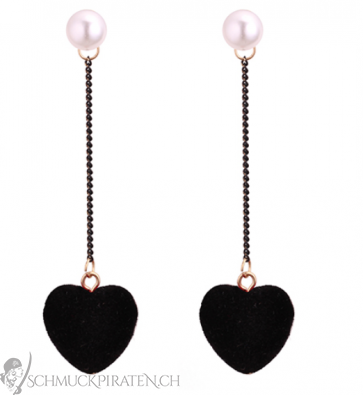 Ohrringe für Damen "Black Heart" mit Perle und Herz Anhänger