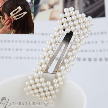 Perlen-Haarklammer silberfarben mit weissen Perlen rechteckig