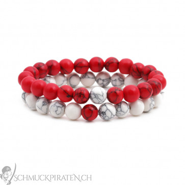 Armband im marmorierten Perlen-Look zweireihig in weiss & rot