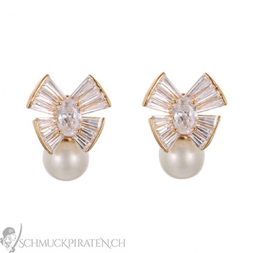 Perlen Ohrringe rosegoldfarben mit Zirkoniaschleife1