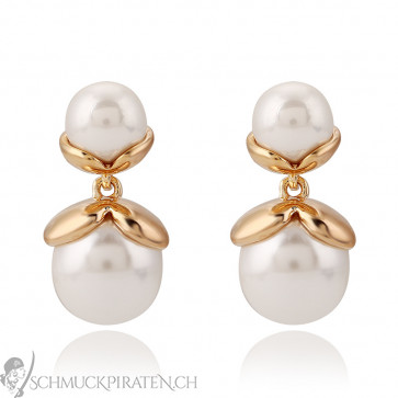 Perlenohrringe für Damen in gold mit zwei weissen Perlen-Bild 1