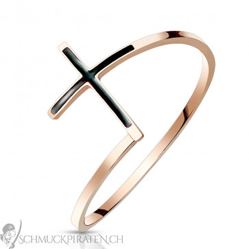 Edelstahlring für Damen "Black Cross" rosegoldfarben