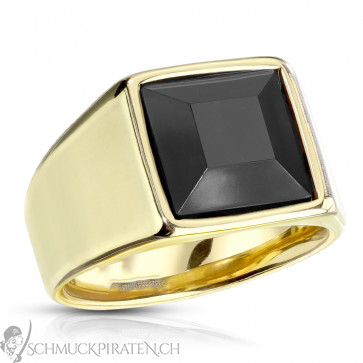 Edelstahl Ring für Herren goldfarben mit schwarzem Onyx