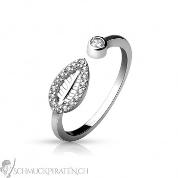 Echt Silber Ring One Size Blatt mit Strass