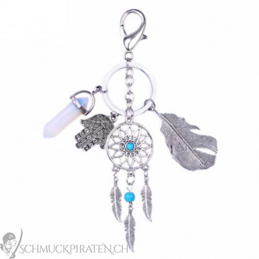 Schlüsselanhänger in silber mit Dreamcatcher und Fatima Hand -Bild1