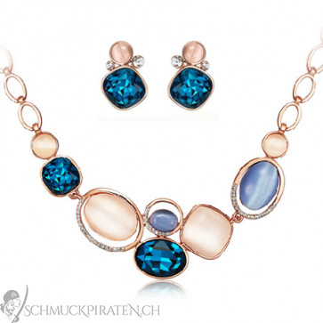 Damen Schmuckset-Halskette und Ohrringe in rosegold und blau-Bild 1