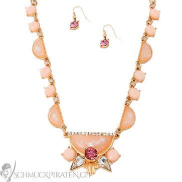 Schmuckset Ohrringe und Kette in gold mit rosa Steinen-Bild 1
