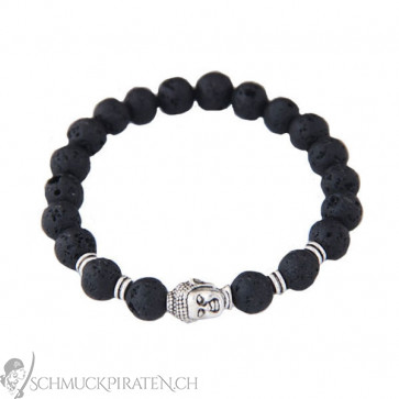 Herren Perlenarmband in schwarz mit silberfarbenem Buddhakopf