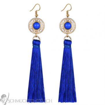 Damen Ohrringe goldfarben mit Ornament und blauen Tasseln