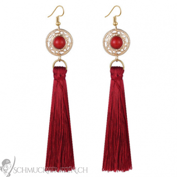 Damen Ohrringe goldfarben mit Ornament und roten Tasseln