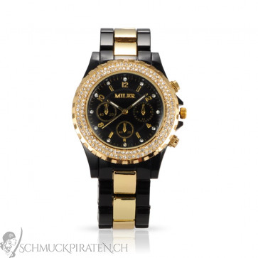 Damen Uhr in schwarz und gold mit Strass-Bild 1