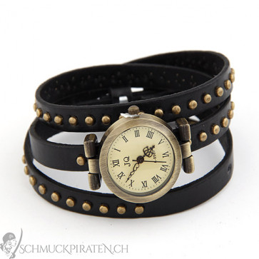 Lederarmband mit Vintage Nieten in altgold und Uhr