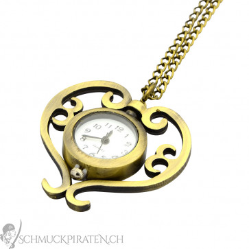Damen Uhrenkette-Halskette mit Uhr-Herzanhänger-altgold-Bild 1