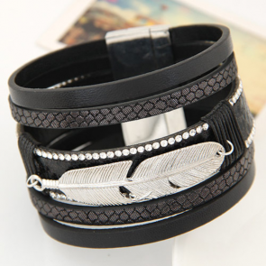 Lederarmband mit Feder silberfarben & schwarz