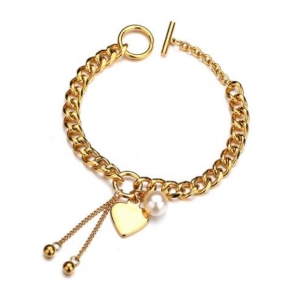 Damen Edelstahl Armband in gold mit Perle und Herzanhänger