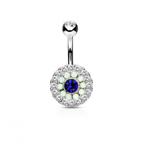 Bauchnabelpiercing in silber mit Kreis und Stein in blau