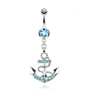 Bauchnabelpiercing in silber mit Anker Anhänger und Steinen in blau