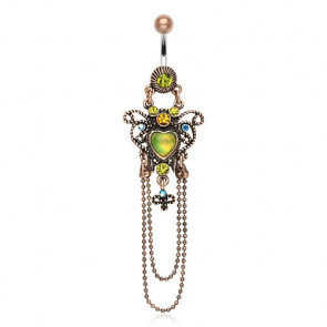 Bauchnabelpiercing in altgold mit grünen Steinen