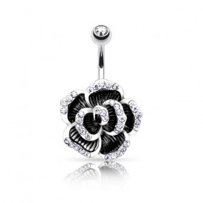 Bauchnabelpiercing in silber mit schwarzer Blume