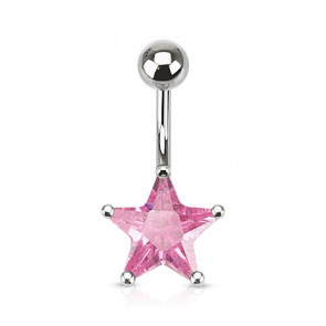 Silbernes Bauchnabelpiercing mit Kristallstein in Sternform in pink