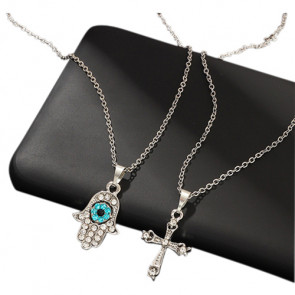 Halskette für Damen zweiteilig mit Hand der Fatima- und Kreuzanhänger silberfarben-Bild1