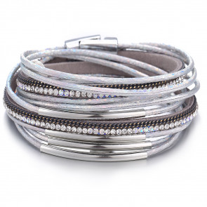 Lederarmband für Damen mehrreihig silberfarben/grau mit Strass-Bild1