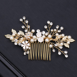 Haarspange "Flowers" goldfarben mit Strass und Perlen