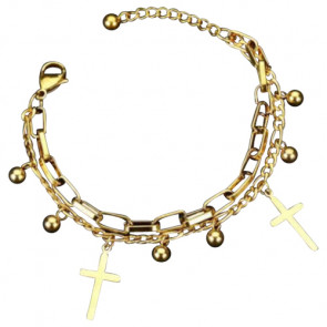 Damen Edelstahl Armband zweireihig goldfarben mit Kreuzanhängern