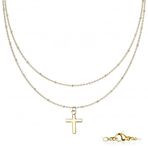 Zweireihige Edelstahl Halskette goldfarben mit Kreuzanhänger