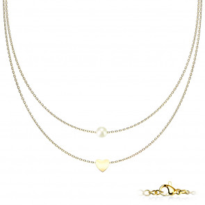 Damen Edelstahl Halskette zweireihig goldfarben mit Herz und Perle
