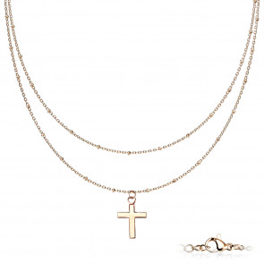 Zweireihige Edelstahl Halskette rosegoldfarben mit Kreuzanhänger
