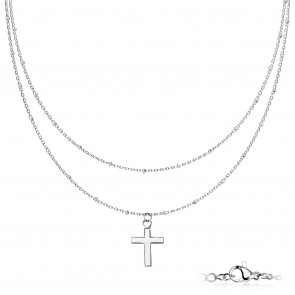 Zweireihige Edelstahl Halskette silberfarben mit Kreuzanhänger